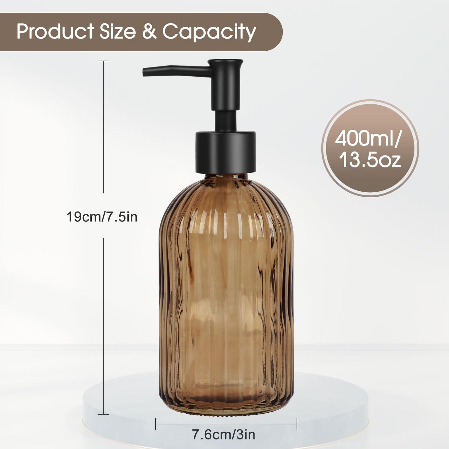 13.5oz Stripe Glass Soap Dispenser with Black Plastic Pump, 400ml Liquid Hand Soap Dispenser, Rustproof Pump for Kitchen & Bathroom, Great for Lotions, Essential Oil, Liquid Soaps-Amber
