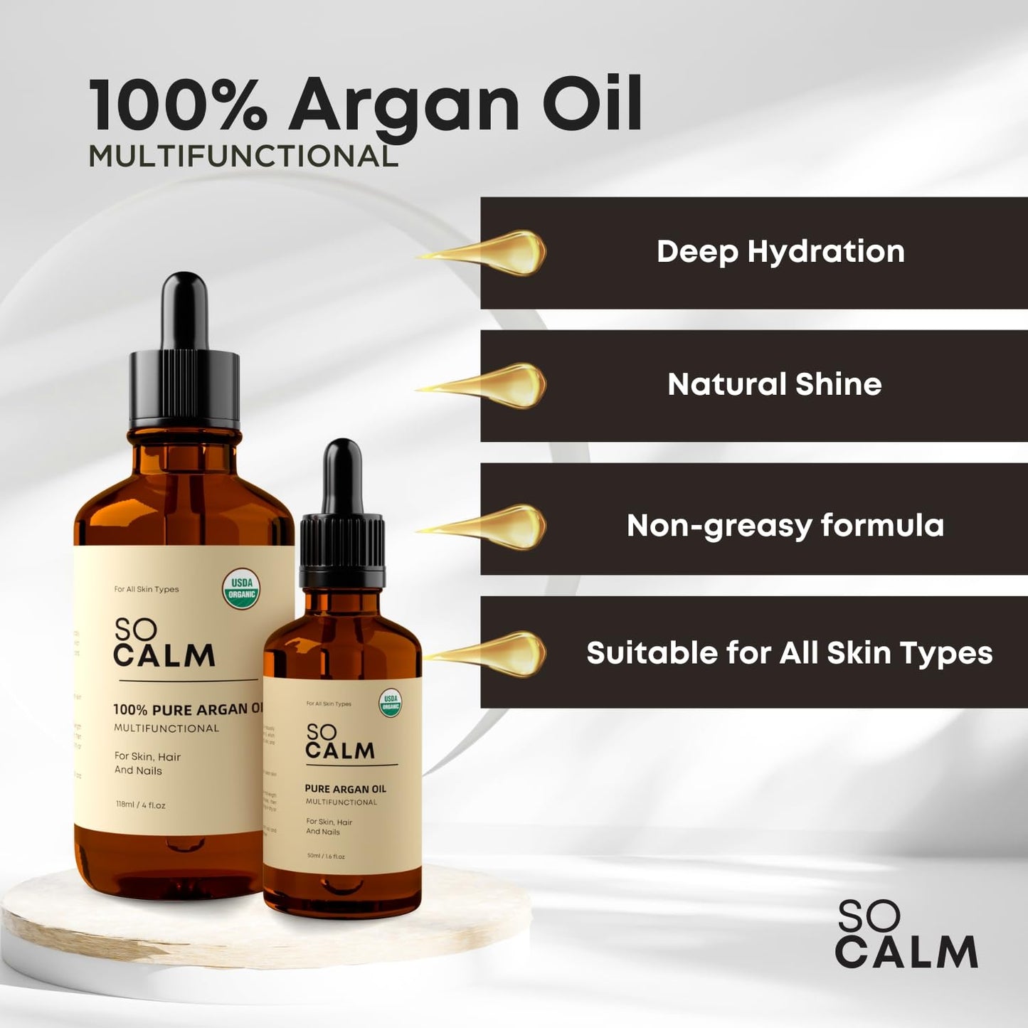 SoCalm 100% Pure Argan Oil – Cold-Pressed & Organic, Deep Moisture for Face, Skin & Hair, Rich in Vitamin E & Fatty Acids - 1.6oz / 50ml