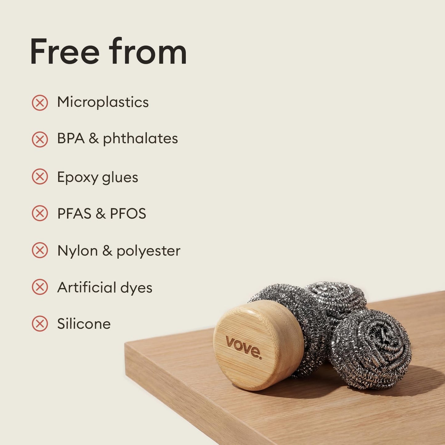 Vove Magnetic Scourer – Rust-Free Stainless Steel Scrubber with FSC-Certified Bamboo Handle, 3 Replacement Pads, for Cast Iron, Pots & Pans, Plastic-Free Zero Waste Cleaner