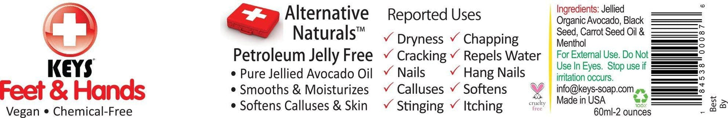 Keys Feet & Hands Chemical-Free, Gluten Free, Vegan Alternative Naturals – Super Hydrating, Soothing, Relaxing Treatment for Chapped, Cracked, Dry Skin with Pure Organic Jellied Avocado, 2 ounces