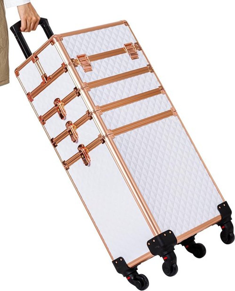 AROUS Rolling Makeup Train Case Large Storage Cosmetic Trolley 4 in 1 Large Capacity Trolley Makeup Travel Case with Key Swivel Wheels Salon Barber Case Traveling Cart Trunk, White