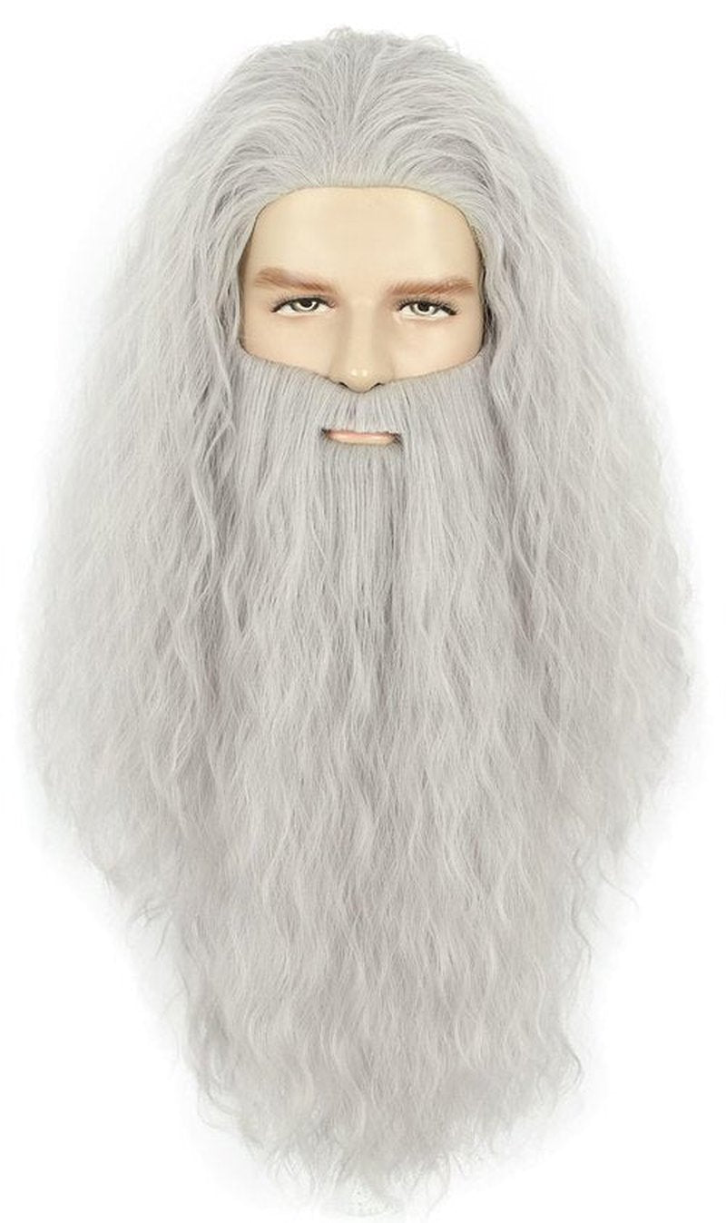 yuehong Long Grey Curly Men Wig Big Beard Wizard Wig Heat Resistant Synthetic Fibers Wig Soft Durable Breathable Costume Wig