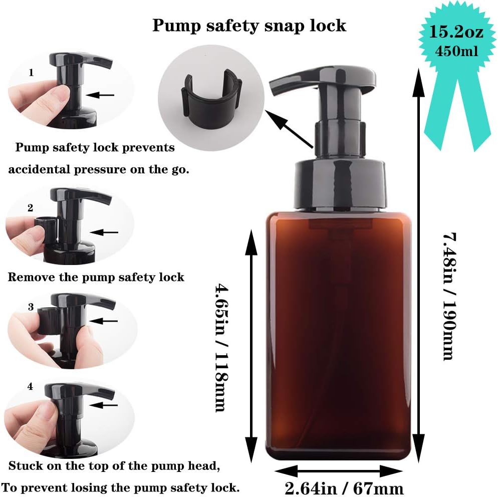 Foaming Soap Dispenser - 15oz Refillable Pump Bottle for Bathroom & Kitchen | Amber Brown, 2 Pack
