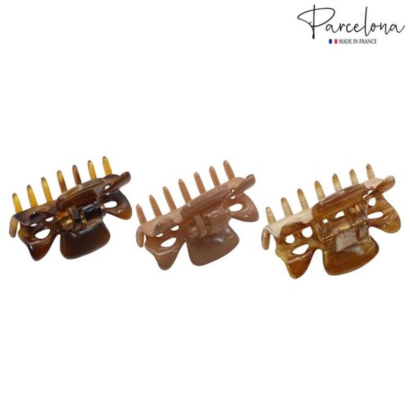 Parcelona French Classic Very Small 1 1/2" Claw Clips with Tight Spring Set of 3 Girls Hair Jaw Claw Clips Women Hair Accessories, Made in France (Dusty Beige Brown- Light Beige Brown-Savana)