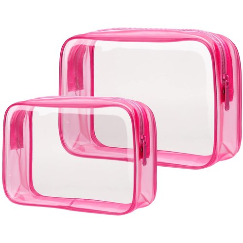 PACKISM Clear Makeup Bags - 2 Pack Quart Size Travel Bag TSA Approved Clear Travel Bags for Toiletries, Clear Cosmetic Bags Carry on Clear Toilety Bag TSA Approved Toiletry Bags, Matte Rose Red