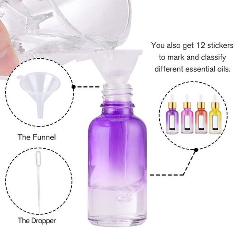 PrettyCare Eye Dropper Bottles 1oz (Rainbow Colored Glass Bottle 24 Pack 30ml with Golden Caps, 48 Labels, Funnel & Measured Pipettes) Empty Tincture Bottles for Essential Oils, Perfume