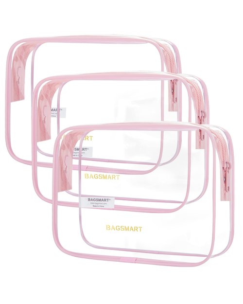 BAGSMART Clear Toiletry Bag, 3 Pack TSA Approved Travel Toiletry bag Carry on Travel Accessories Bag Airport Airline Quart Size Bags Water Repellent Makeup Cosmetic Bag for Women (Pink-3pcs)