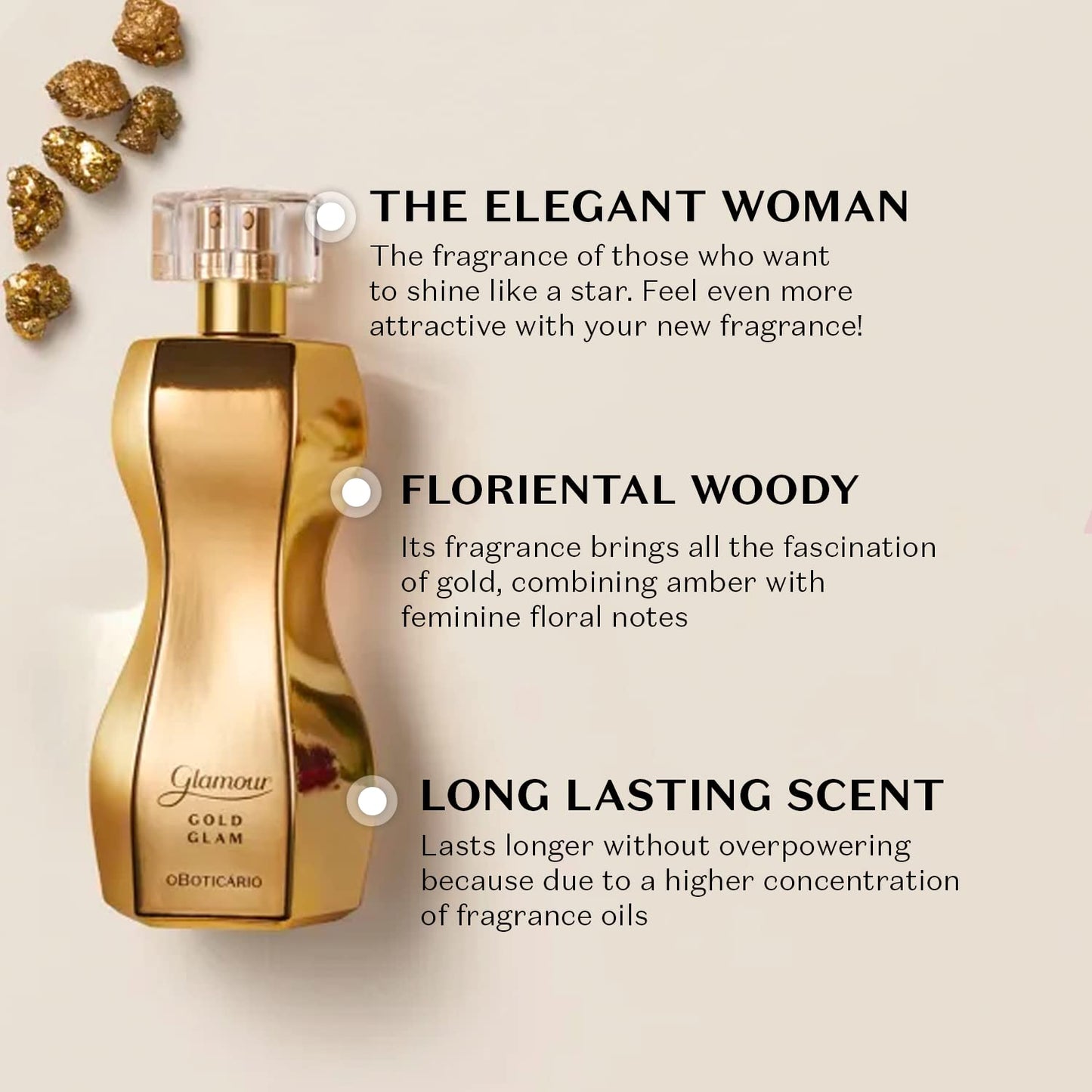 O BOTICARIO Glamour Gold Glam Eau de Toilette, Long-Lasting, Sweet and Floral Fragrance Perfume for Women, 2.5 Ounce
