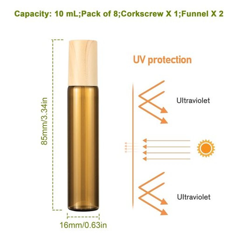 10ml Small Essential Oils Roller Bottles for Oils, 8-Pack 1/3 Oz Slim Amber Glass Roll-on Bottles for Essential Oils, Empty Eye Rollerball Bottle with Roller Ball for Perfumes, Lip Balms and Travel