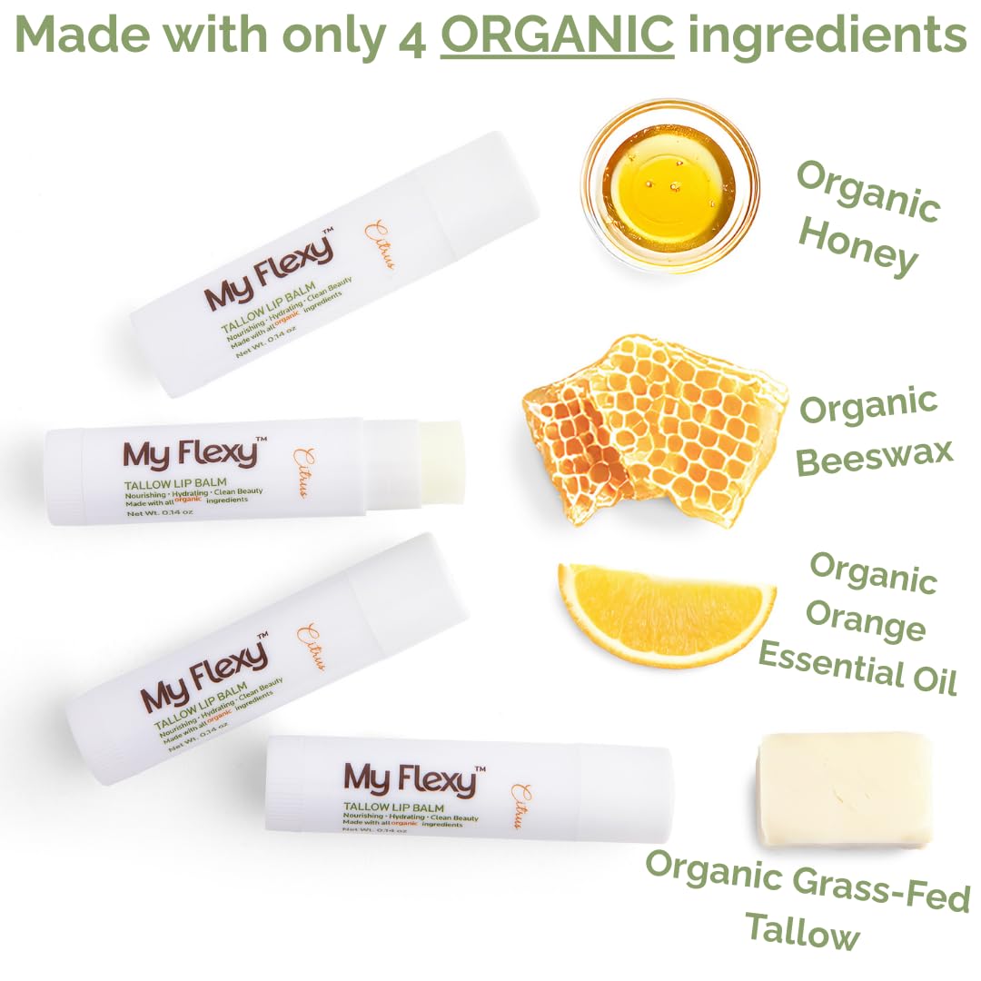 My Flexy 100% Organic Lip Balm Hydrating, Grass-Fed Beef Tallow Lip Balm, Made with Pasture Raised Tallow, Honey, Beeswax, & Orange Essential Oil, Lip Balms & Moisturizers - 1 Pack