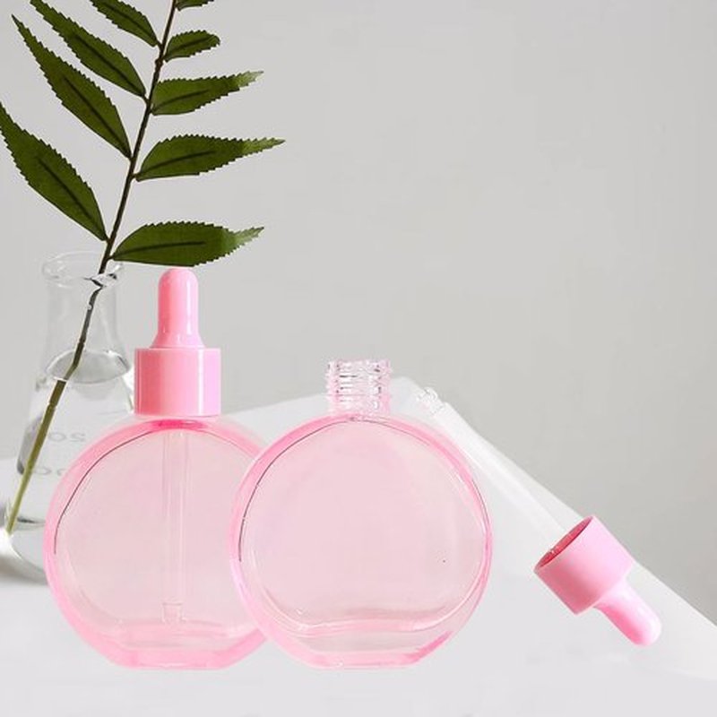 PYAWI 6Pcs, 2 oz Glass Dropper Bottles for Essential Oils ，60ml Pink flat round perfume bottle with Eye Droppers， for Essential Oils, Perfumes, Serums - Leakproof for Travel (A-Pink)