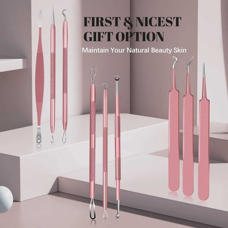 WOAMA Blackhead Remover Tools, Pimple Popper Tool Kit Extraction Acne Tools Blackhead Whitehead Remover Stainless Steel for Nose Face with Pink Bag - 9PCS