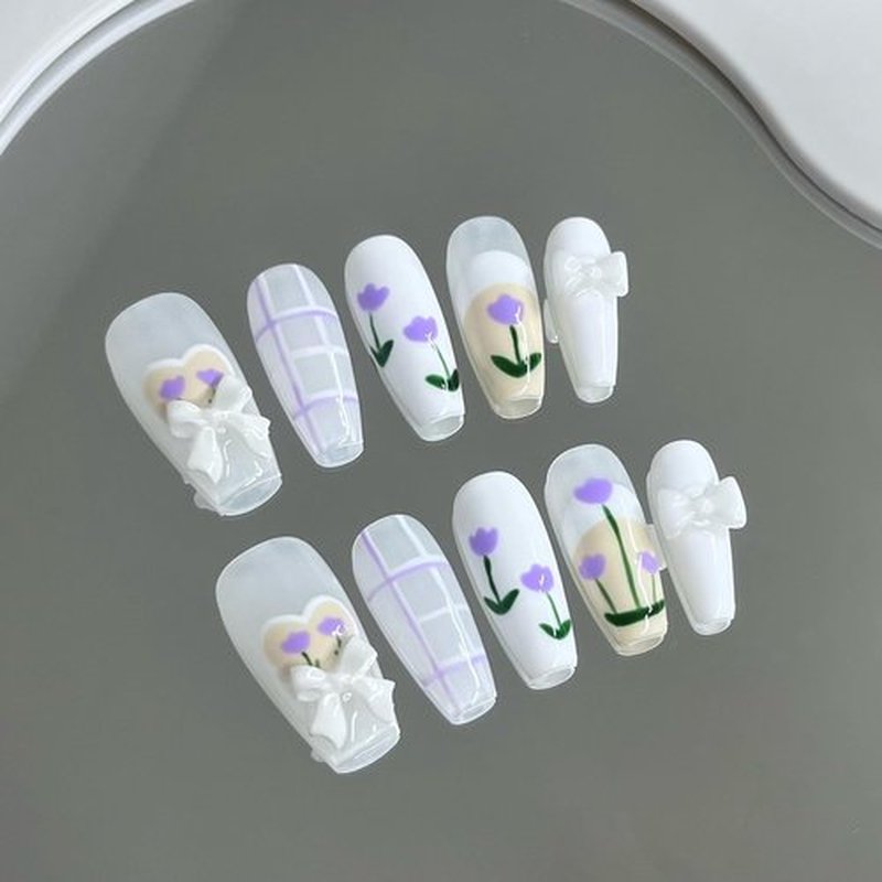 Wsiliana Almond Handmade Press on Nails Short Medium Acrylic Fake Nails Tips With Jelly Glue Flower Finish Nail 10Pcs (015-S)