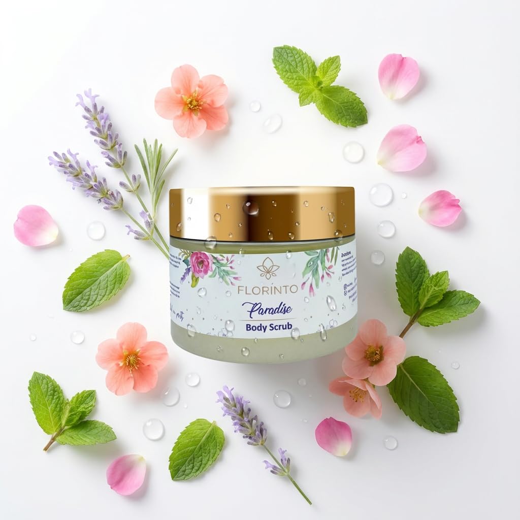 FLORÍNTO Body Scrub – Exfoliating & Moisturizing Sugar Scrub with Shea Butter, Natural Oils & Vitamin E – Soft, Smooth & Glowing Skin – 350 g (Paradise)