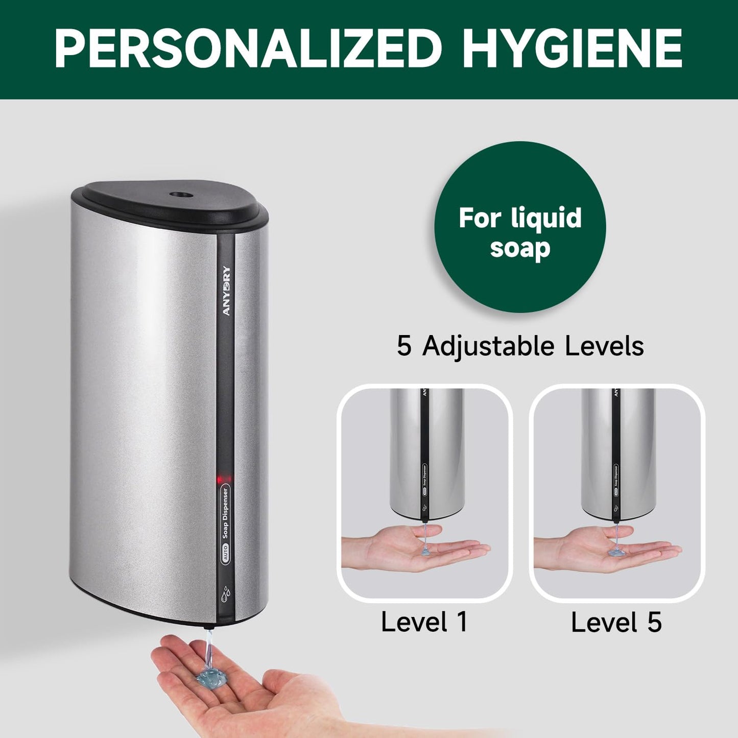 anydry 29fl.oz/850ml Commercial Automatic Liquid Soap Dispenser Wall-Mounted Large Capacity Model AD1209 Silver