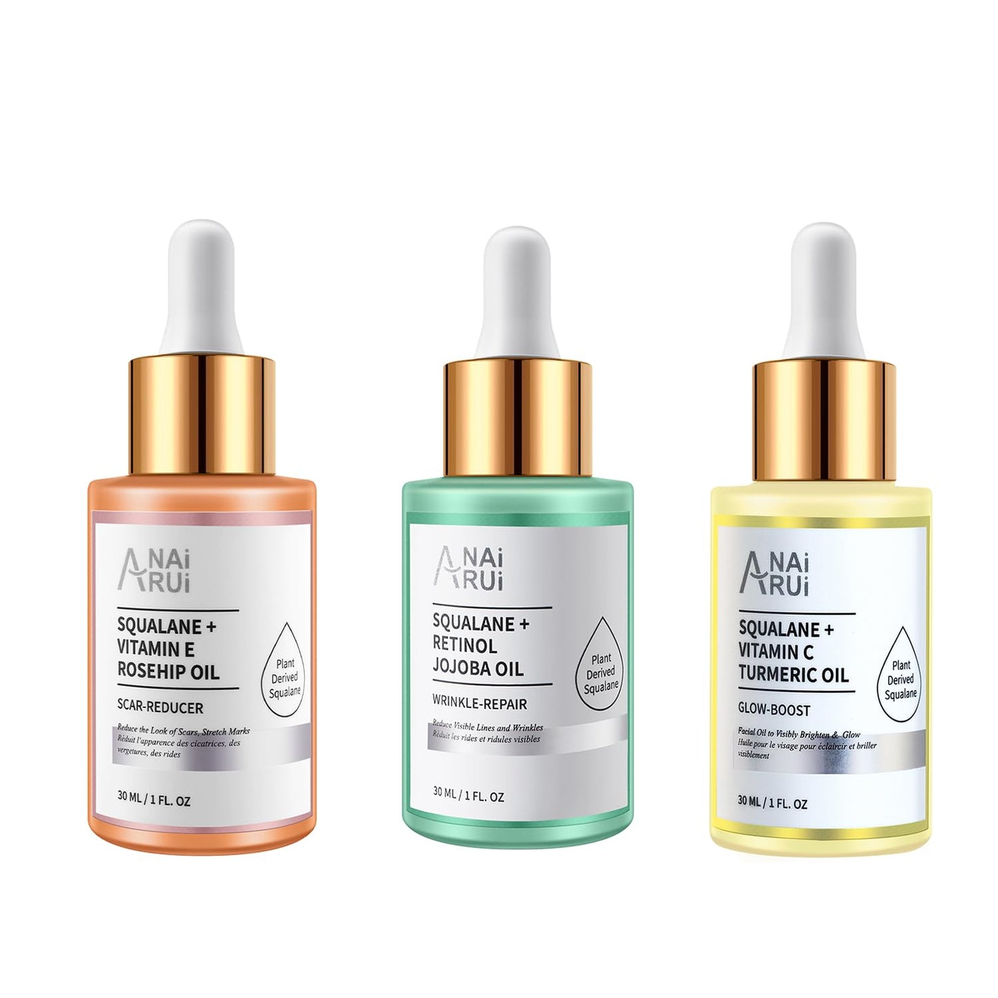 ANAI RUI Squalane Oil Set-Vitamin E Rosehip Oil +Vitamin C Turmeric Oil +Retinol Jojoba Oil for face,Moisturize Fine Lines &Wrinkle,Softer Skin