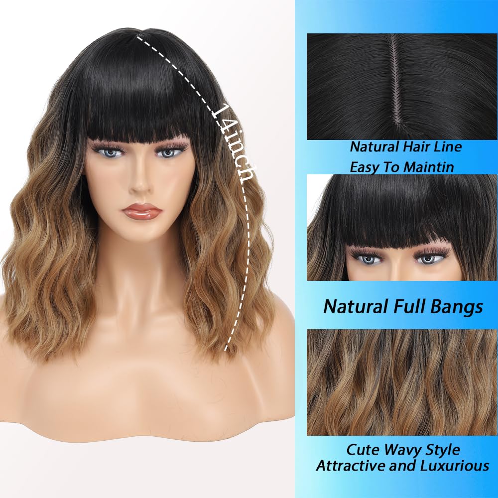 Short Wavy Ombre Brown Wig with Bangs 14inch Brown Wigs for Women Short Curly Bob Wigs Synthetic Natural Looking Hair Replacement Wigs Costume Cosplay Halloween Wig(14'' Ombre Brown)