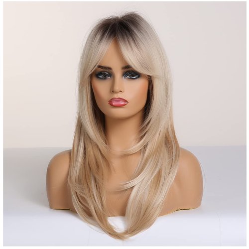 MAGQOO Blonde Wig for Women Blonde Layered Wig Dark Roots Long Blonde Wig with Bangs Two Tones Synthetic Heat Resistant