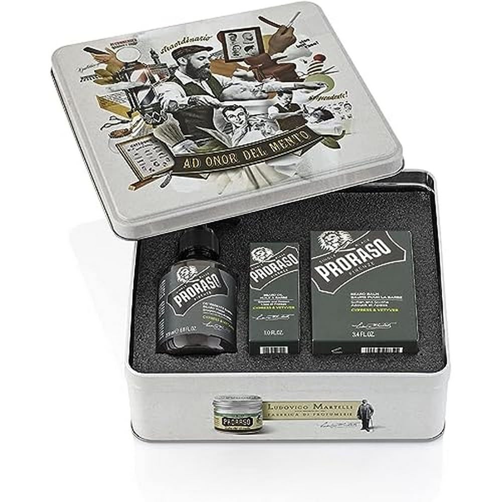 Proraso Cypress and Vetyver Complete Beard Care Kit - Beard Wash, Oil, and Balm with Fresh, Earthy Scent - Premium Italian Gift Set for Men in Collectible Tin Box