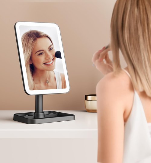 Famihomii Rechargeable Makeup Mirror with Lighting, Lighted Makeup Mirror with 3 Model Lights & 10X Mini Magnifying Mirror, 360° Rotation Durable Table Mirror with Storage, Detachable Design