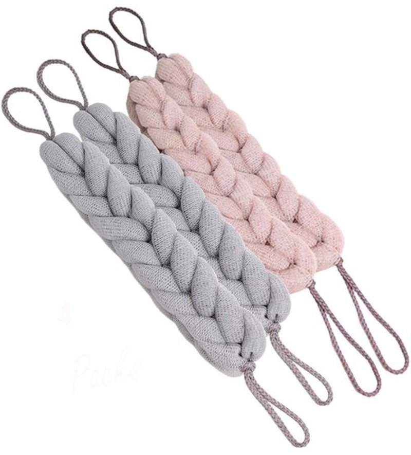AARainbow 4 Packs Long Stretch Back Sponge with Rope Handles Back Scrubber Bath Shower Mesh Sponge Exfoliating Body Scrub Stretch Braided Loofah for Men and Women (2 Gray+2 Lotus Pink)