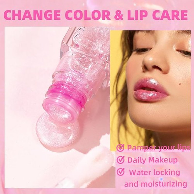 Hvecom Magic Color Changing Lip Oil Ph, Glitter Moisturizing Lip Glow Oil, Upgraded Big Brush Head Warm Change Lip Gloss, Long Lasting Nourishing Plumping Glimmer Glow Lipstick Lip Tint (06#)