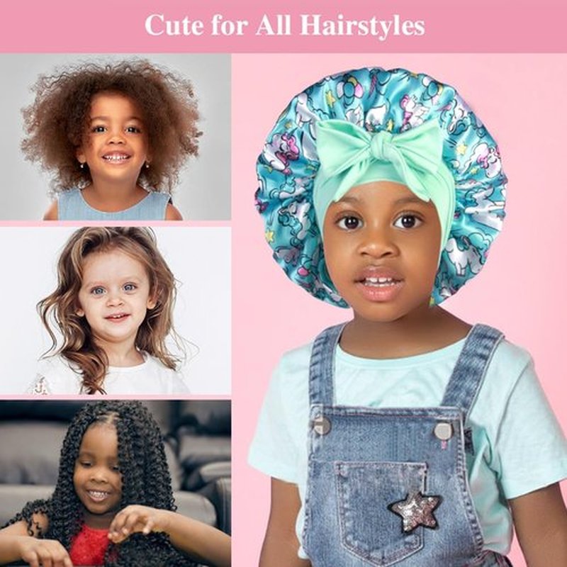 2+2 Satin Bonnets with Scrunchies for Kids, Cute Hair Bonnets for Girls Sleeping Curly Hair, E