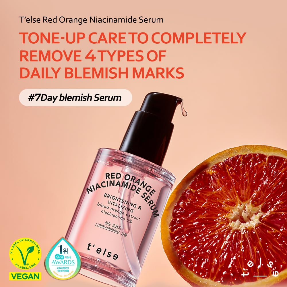 T'else Red Orange Niacinamide Serum 30ml, 1.05 Fl.oz, Blemish and Skin Flaws Improvement, Moisturizing Gel Formula Lotion, Rich Vitamin & Panthenol Facial Care, Smooth Skin Texture, Korean Skin Care