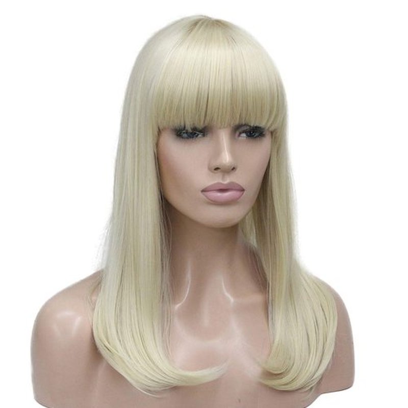 Lydell 14" Long Straight Wig Soft Heat Fiber Hair Cute Neat Bang Under Shoulder Full Wig (613 Blonde)