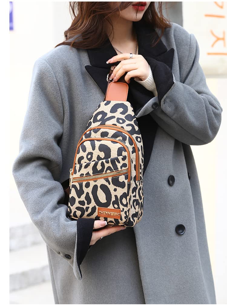 Hiriotin Leopard Print Chest Bag for Women Letter Print Crossbody Sling Backpack with Wide Strap Multipurpose Fanny Daypack (leopard print)