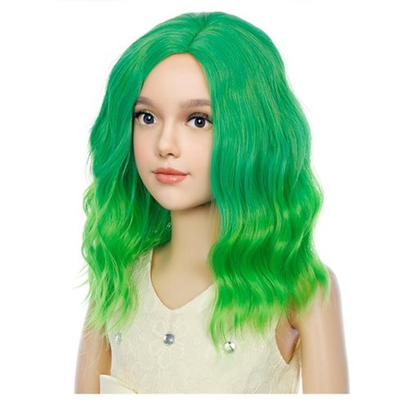 MAGQOO Green Wig Kids Girls Short Curly Wavy Green Ombre Hair Wigs Synthetic Heat Resistant Cosplay Costume Party Wigs