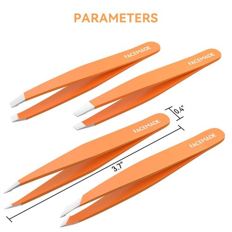 FACEMADE 4 Pack Tweezers Set - Professional Stainless Steel Tweezers for Men and Women, Precision Eyebrow Tweezers for Facial Hair, Chin, and Ingrown Hair Removal (Orange)