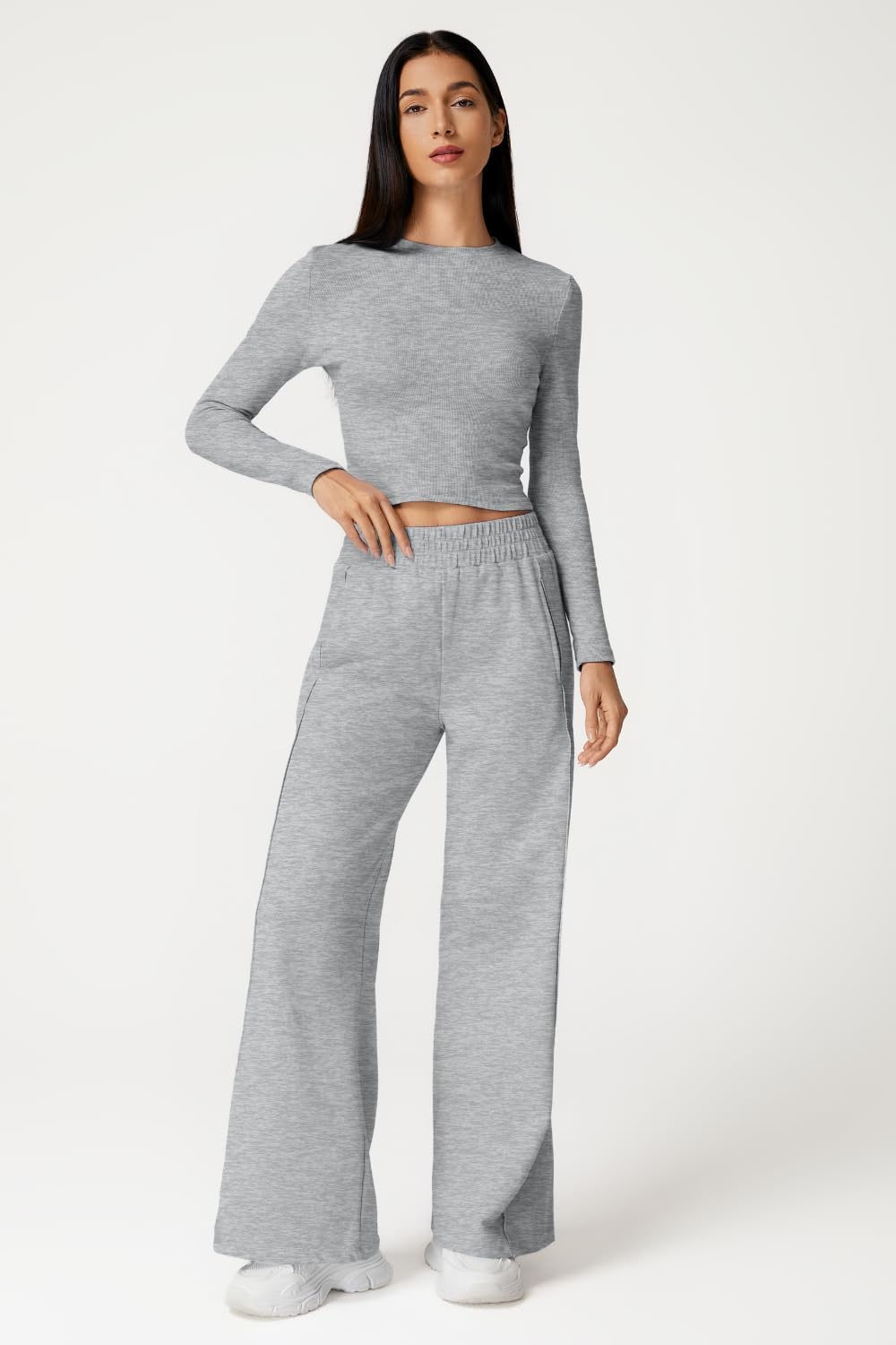 QINSEN 2 Piece Lounge Sets for Women Crewneck Long Sleeve Tops Wide Leg Pants Fall OutfitsGrey L