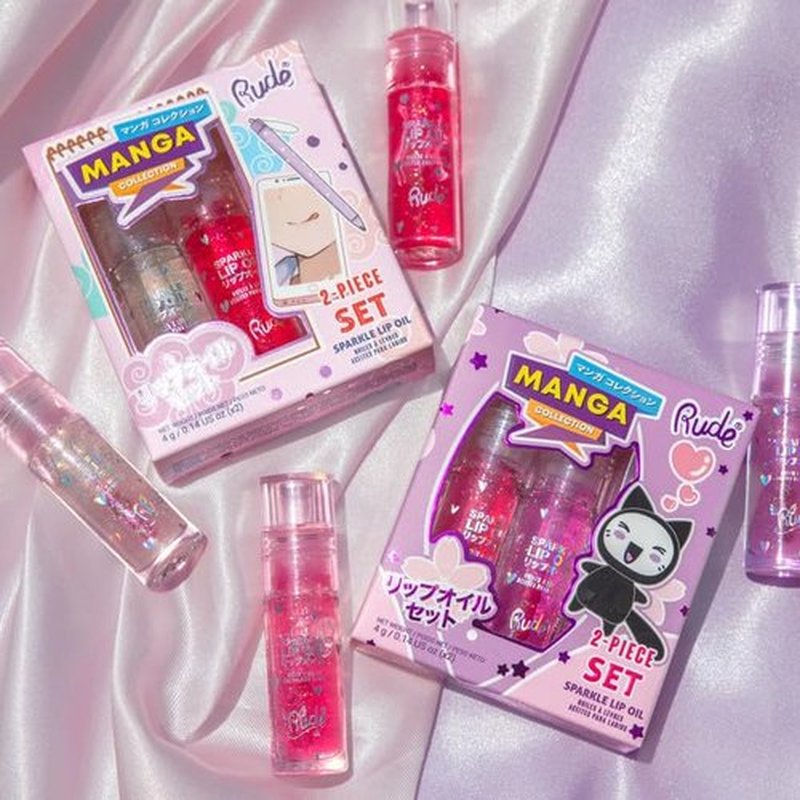 RUDE Cosmetics Manga Collection Sparkle Lip Oil Set, Cute Lip Gloss for Women & Girls, Hydrating & Moisturizing Lipgloss for Smooth, Nourished Lips, Long Lasting Glossy, Strawberry & Grape