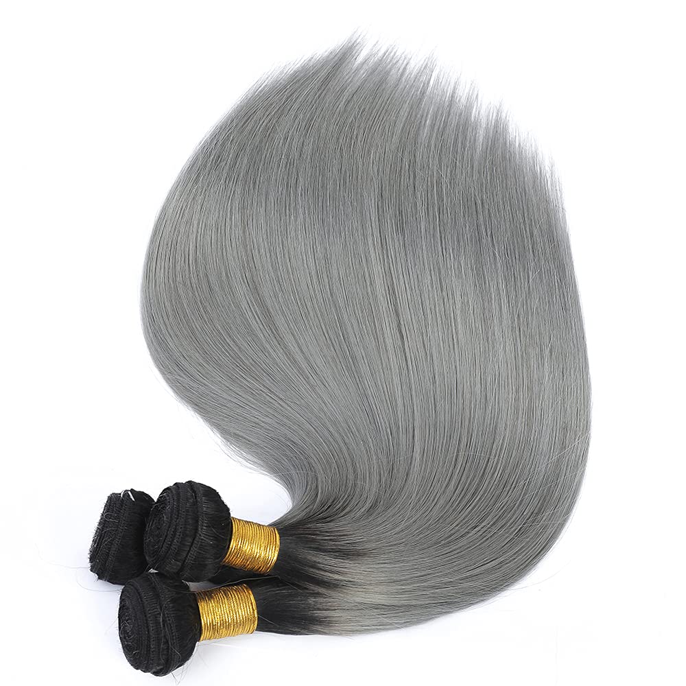 Gray Bundles Human Hair Ombre Straight Human Hair Bundles Brazilian Unprocessed Virgin Hair 3 Bundles 18 20 22 Inch Two Tone Silver Straight Bundles Hair Weave Dark Roots