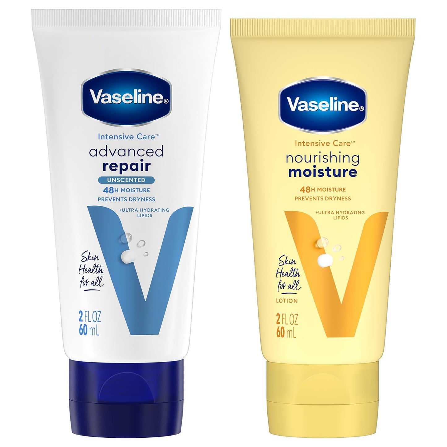 Vaseline Intensive Care Lotion Bundle – Advanced Repair Unscented Formula and Nourishing Moisture Hand and Body for Extremely Dry Skin, 2 OZ Ea (2 Piece Set)