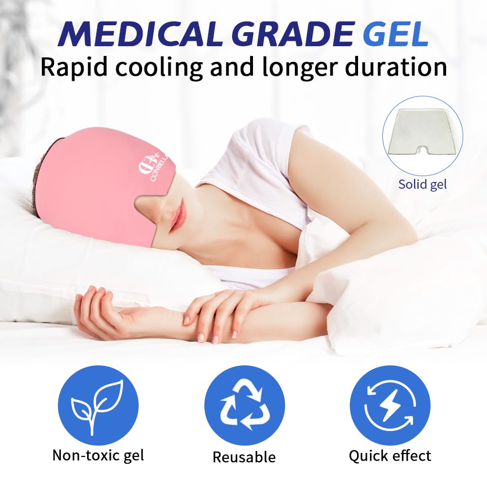 Migraine Relief Cap, Soothing Headache Ice Face Mask Products, Hot and Cold Therapy, Migraine Headache Relief Cap for Migraine, Sinus, Puffy Eyes, Tension, Stress and Hangover(Pink)