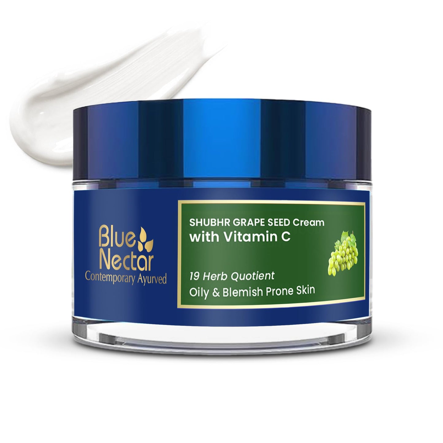Blue Nectar Vitamin C Face Moisturizer for Oily & Acne Prone Skin with Grapeseed | Oil-Free | Plant Based Vit C Cream for Women (19 herbs, 1.76 fl oz)