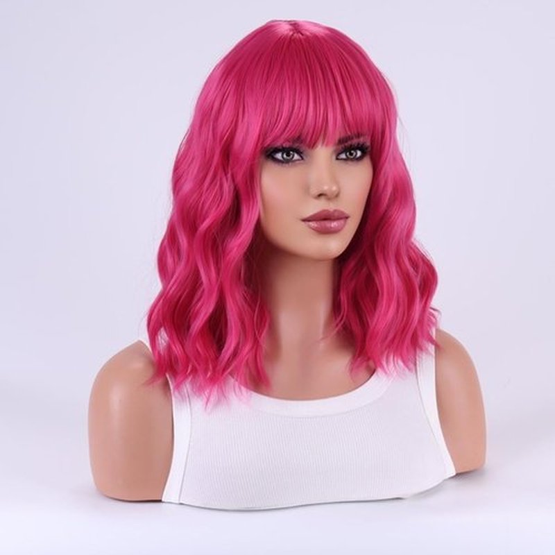 MAGQOO Hot Pink Wig Magenta Wig Women Hot Pink Bob Wig Short Curly Wavy Wig Pink Wig with Bangs Synthetic Heat Resistant