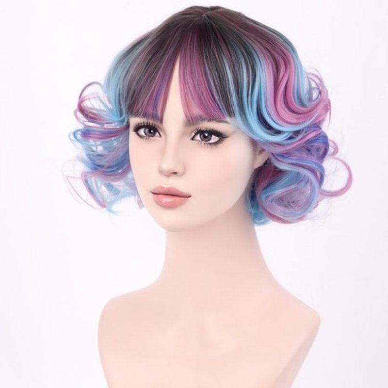 MAGQOO Rainbow Wig with Bangs Women Girls Short Curly Wavy Fluffy Wig Multicolor Blue Pink Hair Wigs Halloween Cosplay Costume Party Wig