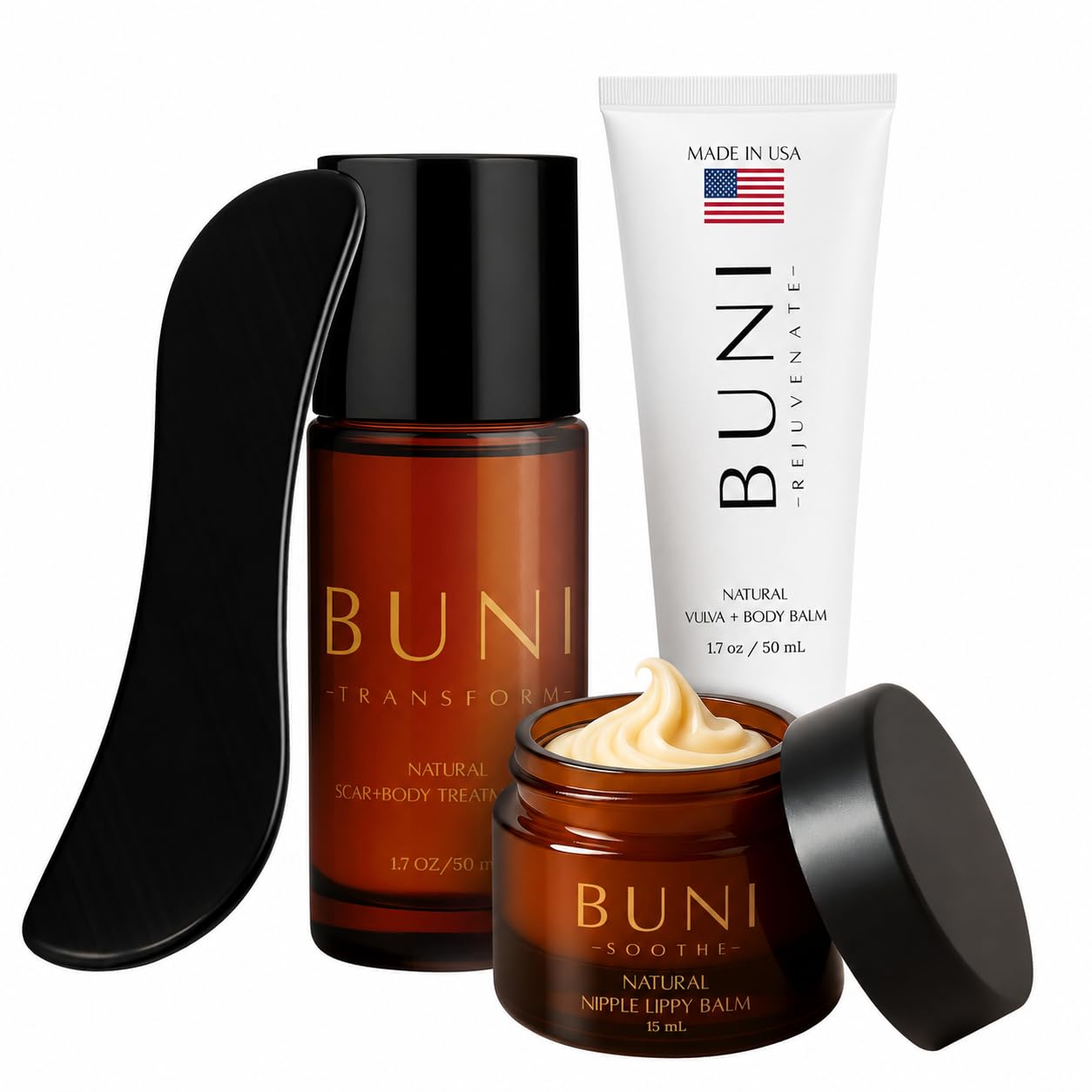 BUNI Vulva Balm + Nipple Cream & Lip Balm + Scar & Body Oil 3-Piece Bundle