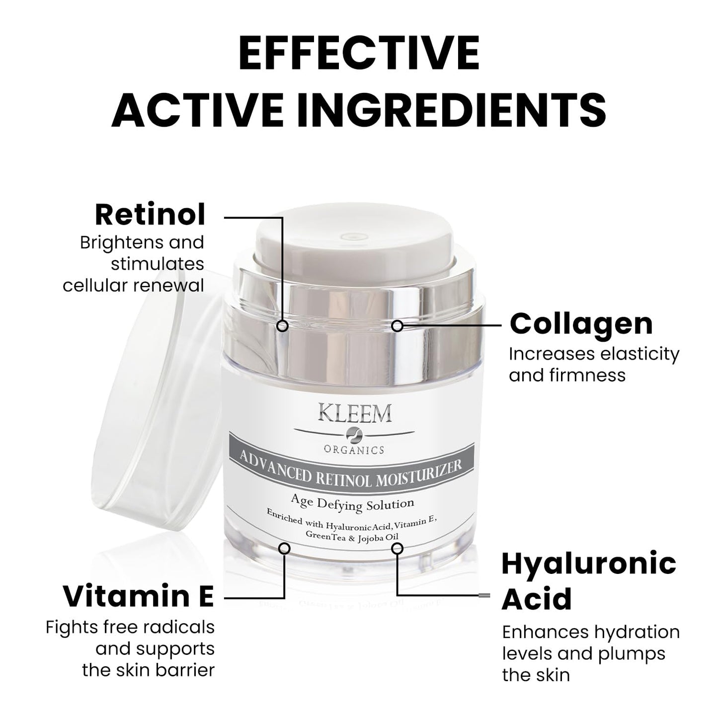 Kleem Organics Retinol Moisturizer - 2.5% Retinol and Hyaluronic Acid for Face Rejuvenation and Anti Aging - For Women and Men