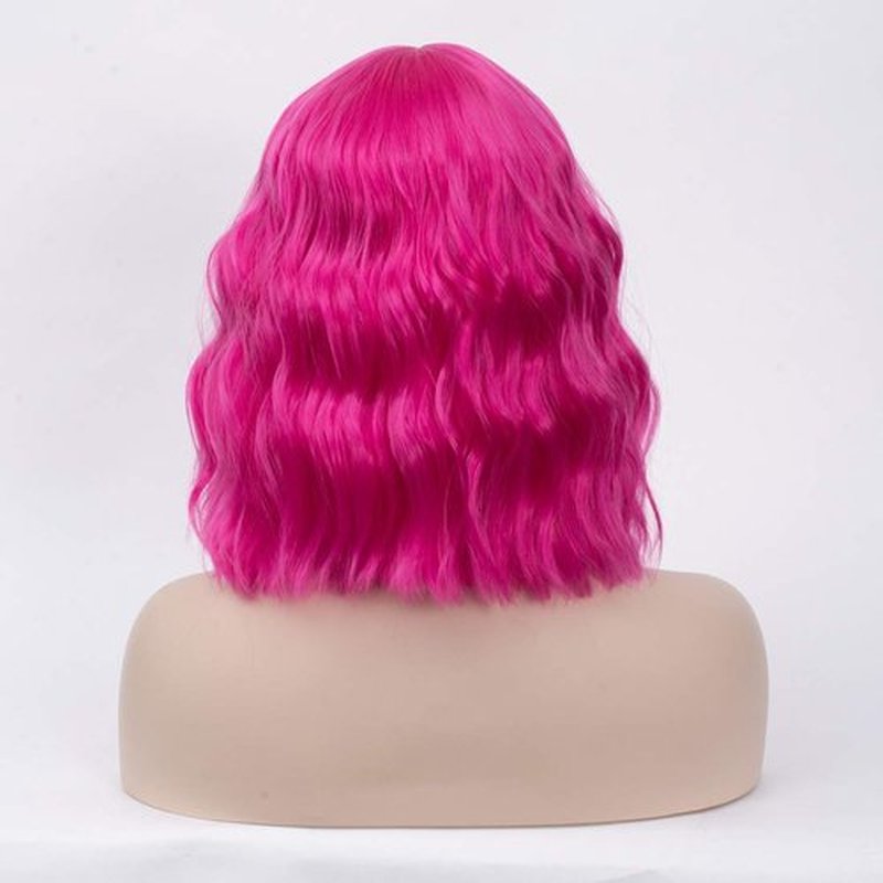 BUFASHION 14" Women Short Wavy Curly Wig Dark Pink Bob Wig Cosplay Halloween Synthetic Wigs With Neat Bang Wig With Free Wig Cap (Dark Pink 1)