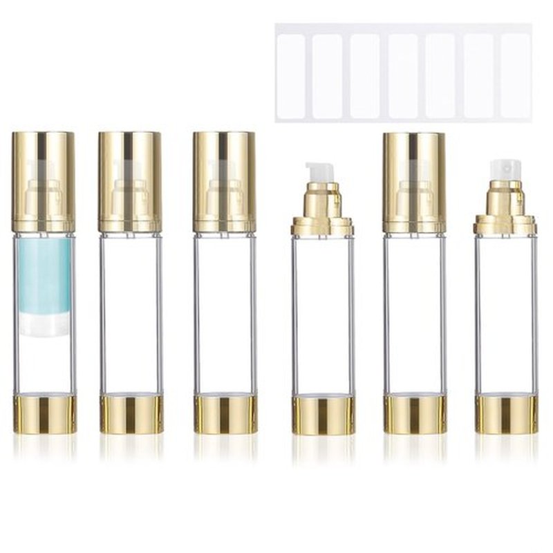 6Pcs 1.7oz/50ml Airless Pump Bottle Dispenser, Clear Empty Shampoo Bottles, Travel Lotion Container with Labels for Foundations Cream Serums Shampoo (Gold)
