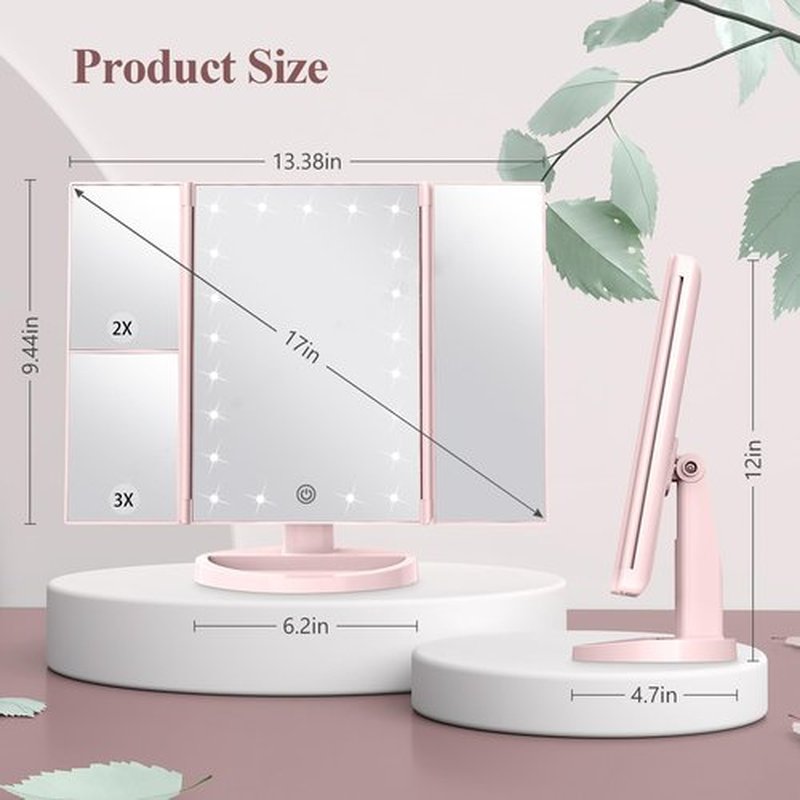 HUONUL Makeup Mirror Vanity with Lights, 2X 3X 10X Magnification, Lighted Mirror, Touch Control, Trifold Dual Power Supply, Portable LED Women Gift (Pink)