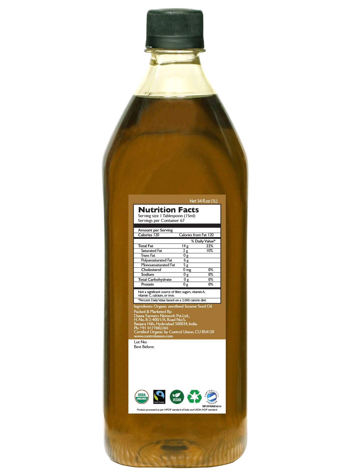 Daana Sesame Oil: CERTIFIED USDA ORGANIC, EXTRA VIRGIN, COLD PRESSED, 34 fl oz