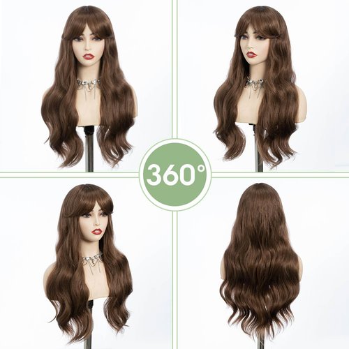 REBECCA STYLE Long Brown Wig with Bangs 24 Inch Long Wavy Wigs with Bangs for Women Synthetic Curly Wigs Hair Replacement Wigs for Girls Daily Party Use Natural Looking (Brown)