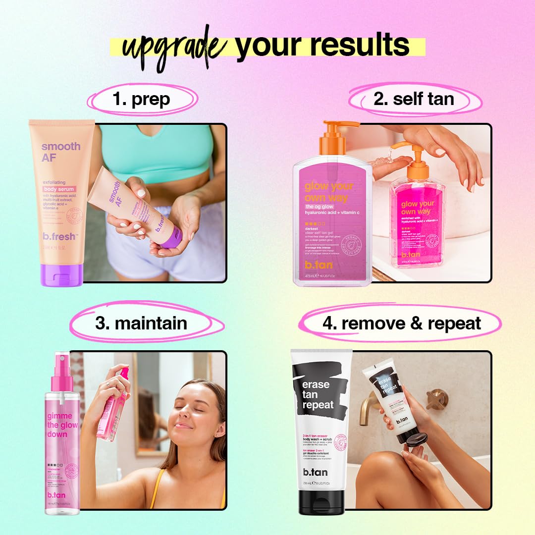 b.tan Best Clear Self Tanning Gel Kit | Glow Your Own Way Bundle - Ultra Dark, Quick Express Tanner for Face & Body with Applicator, No Transfer