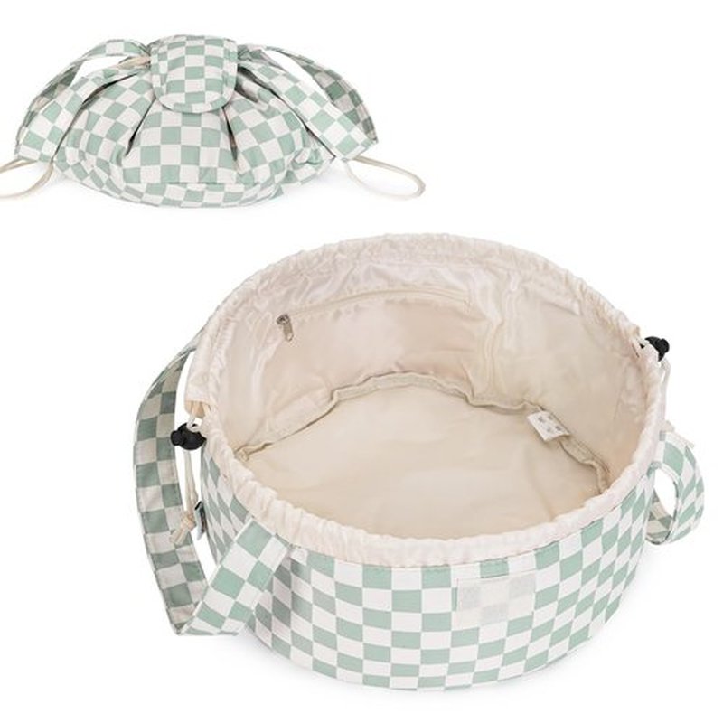Barrel Drawstring Checkered Makeup Bag Large Cosmetic Bag Make up Bags Toiletry Organizer for Women (Mint Green Checkerboard) (Patent)