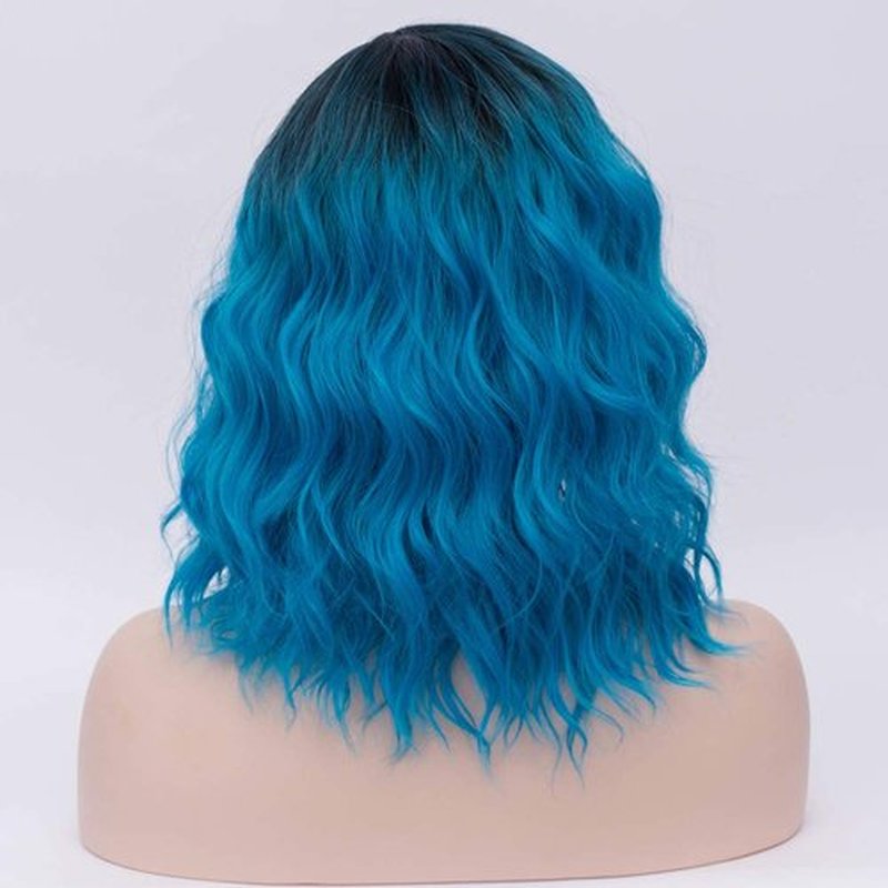 BERON Blue Ombre Wig for Women Girls Black Ombre Blue Short Curly Bob Wavy Wig Dark Roots Blue Color Heat Resistant Synthetic Body Cosplay or Daily Use Wigs